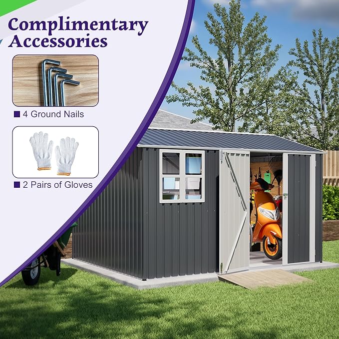 ZMAD Outdoor Storage Shed Metal, Large Garden Tool Sheds Outdoor with Lockable Doors, Waterproof Steel Utility Storage Building (Gray, 8X 10ft /Floor Frame)