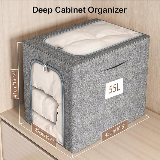 GoMaihe Clothes Storage Bins Metal Frame: 55L Extra Large Stackable Closet Storage Bin with Lid & Clear Window, Heavy Duty Blanket Box for Winter Coats Comforters (Fits Deep Closet 4-Pack)