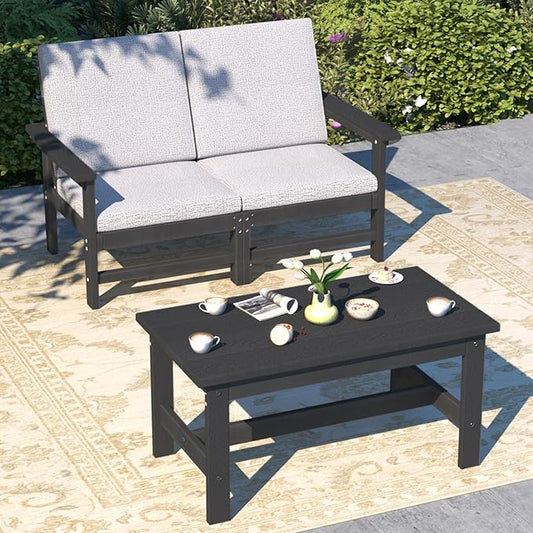 3-Piece HDPE Patio Furniture Set, All-Weather Outdoor Sectional Sofa Set with Coffee Table & Cushions - Wood-Like Composite Conversation Couch for Deck, Lawn, Balcony - Black Frame