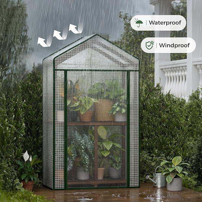Bamworld Mini Greenhouse Indoor Outdoor 2-Tierd Reusable Portable Warm House with PE Cover Compact Garden and Backyards Portable Rack with Sturdy Eucalyptus Frame Winter-Proof for Plant Protection