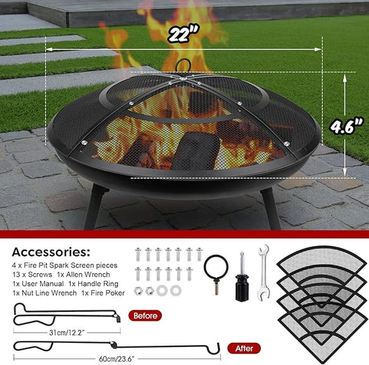 Fire Pit Spark Screen,22 Inch Fire Pit Screen Cover Outdoor with Handle&Poker,Firepit Screens Round Cover Mesh Replacement Heavy-Duty Steel Fire Pit Cover for Backyard/Beach/RV Camping