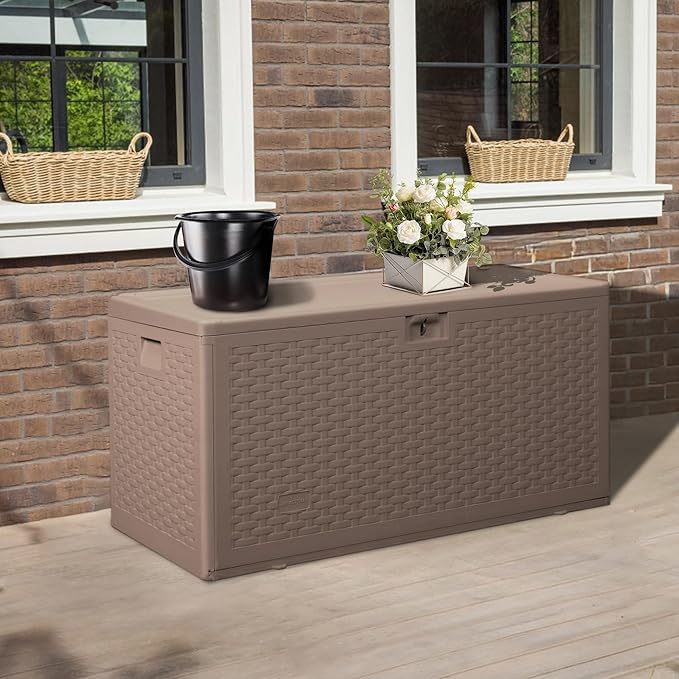 TARKARI Premium Pro Edition 73 Gallon Lockable Resin Deck Box, Waterproof & UV-Resistant Outdoor Storage Box for Outdoor Cushion Storage, Garden Tools & Pool Accessories Storage, Coffee