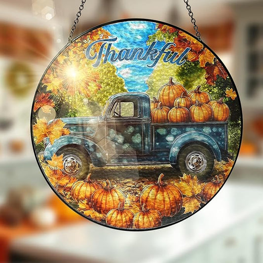 FLAGWIX Fall Decorations for Home - Tractor Stained Glass Window Hanging 8in - Sun Catchers Indoor Window, Fall Gifts for Women Men, Thanksgiving Decorations Suncatcher, Thanksgiving Gifts for Mom Dad