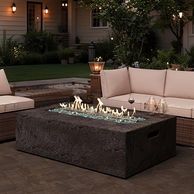 Outdoor Propane Fire Pit Table Set – Premium Slate-Like MgO Finish, 48-Inch Gas Fire Table for Patio, Garden & Backyard, Includes Rain Cover & Glass Beads