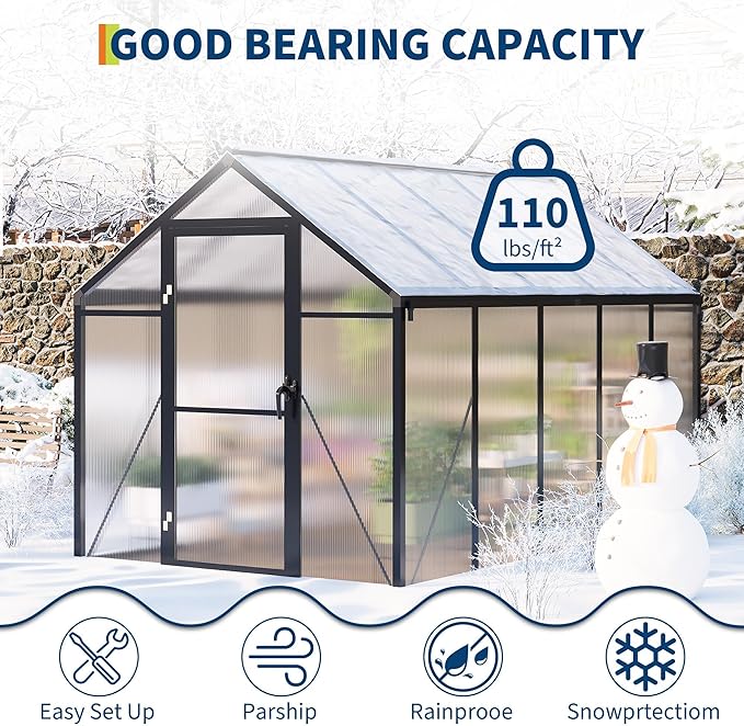 6X10 FT Greenhouse for Outdoors, Polycarbonate Greenhouse with Roof Vent, Ground Nails, Lockable Push Door, Aluminum Large Walk-in Green House for Outside Garden Backyard, Patio, Lawn, Black