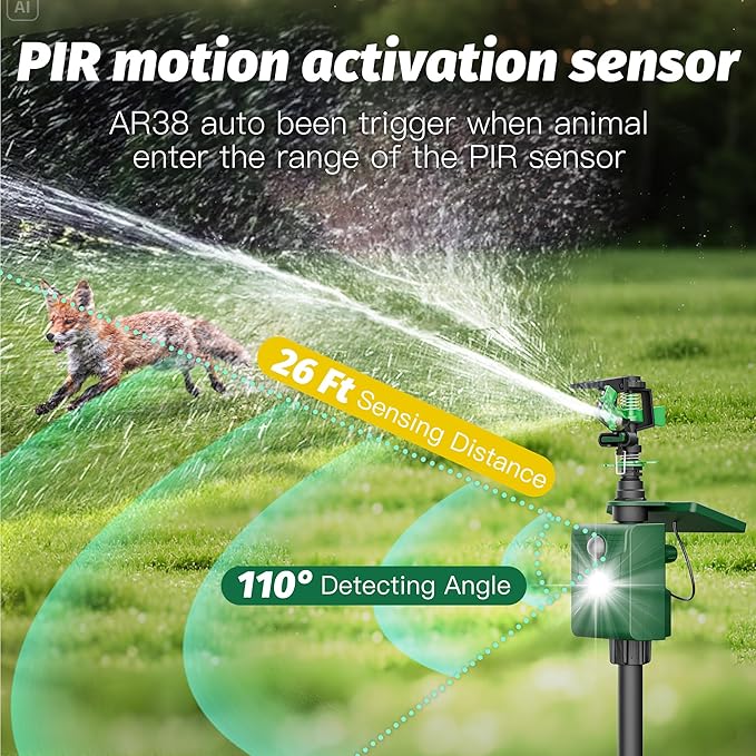 Motion Activated Sprinkler Deer Repellent Devices with Flashing Light, Solar Powerd Cat Repellent Outdoor with Motion Sensor - Keep Rabbits Shunks Dog Raccoons Birds Away from Lawn and Garden