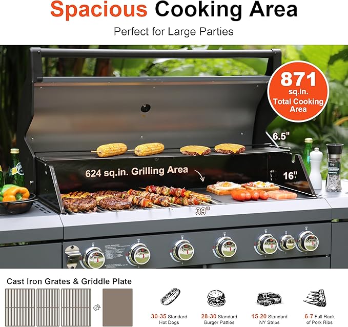Brand-Man 6-Burner Gas Outdoor Kitchen Grill Island with Side Burner - 72,000 BTU Stainless Steel BBQ Grill Station with Storage Cabinets, Fold-out Prep Table, LPG/NG Convertible, Gray