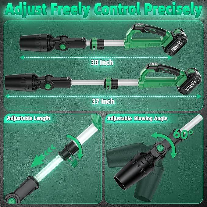 KIMO Leaf Blower Cordless with Battery and Charger, 310000RPM, 37Inch Telescopic Pole, 750CFM 280MPH, 3Speeds w/Smart Panel, Lightweight 2.5Lb, 2PCS 4000mAh Battery Operated Leaf Blower for Gutters