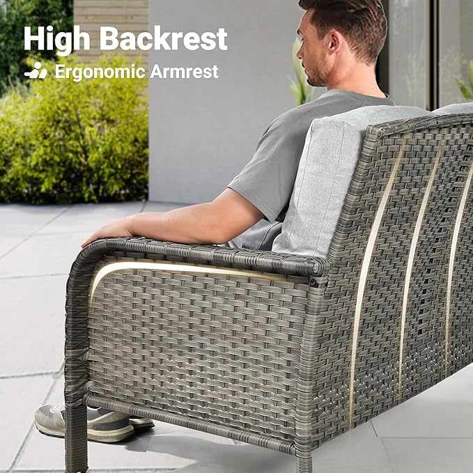 ovios 2 Pieces Patio Furniture Set, Outdoor Wicker Sofa with Glass Coffee Table, All Weather High Back Rattan Loveseat Couch 2 Seats with Comfy Cushions, Grey