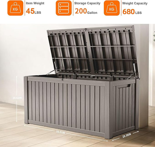 ROJIK Outdoor Storage Housing Deck Box - Waterproof Patio Furniture, Garden Tools, Cushions, Pool Accessories Storage Bench with Lockable Lid and Side Handles (Grey 200 Gal)