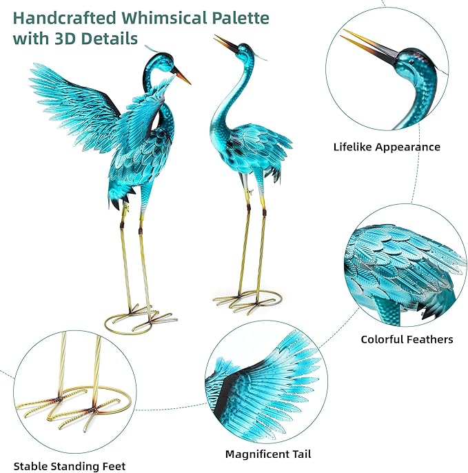 Ultym 36.75in Metal Heron Garden Statue Handmade Oversize Crane Sculptures with Stable Ground Stakes, Backyard Decoration, Metal Garden Art
