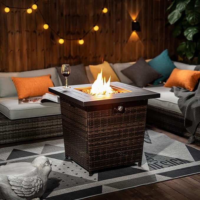 Propane Fire Pit Table, 28 Inch Wicker Firepits for Outside, Square Gas Fire Pit for Outside Patio, Propane Fire Table for Patio, Backyard, Pool, 50,000 BTU, Tank Inside, Black Brown