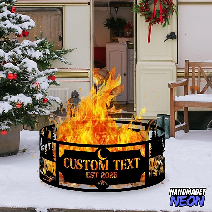 Personalized Fire Pit Ring 360 Degree, Outdoor Fireplace, Custom Text Fire Pits for Outside, Patio Firepit, Camping Bonfire Firepits, Garden BBQ Backyard Decor (Campsite)