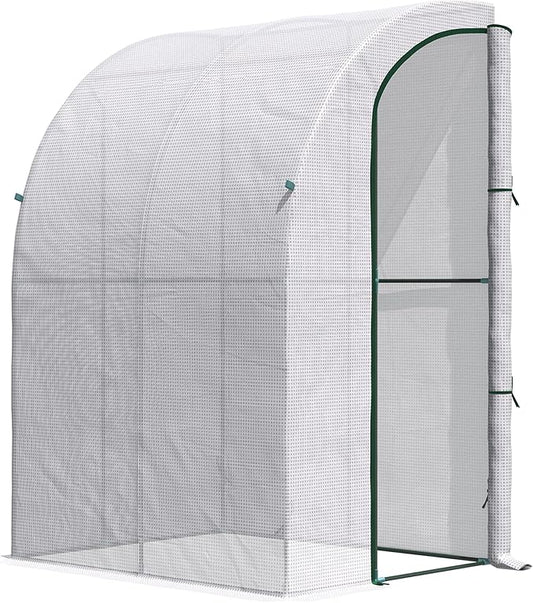 Outsunny 5' x 4' x 7' Outdoor Lean to Greenhouse, Walk-in Green House Plant Nursery with Roll-up Window, PE Cover, White