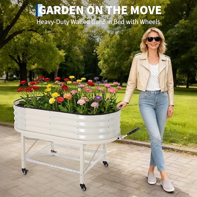 Oval Galvanized Raised Garden Bed Kit with Legs & Storage Rack for Patio, Easy Assembly, Thick Metal Outdoor Planter Box for Vegetables, Flowers, Patio Gardening, White