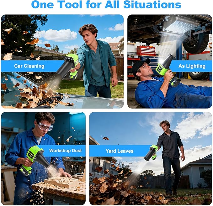 DEGGE Brushless Leaf Blower Cordless, Handheld Leaf Blowers with LED Work Light, Two Interchangeable Nozzles, Turbo Jet Blower for Lawn Care, Patio Cleaning, Garage Dust & Outdoor Use