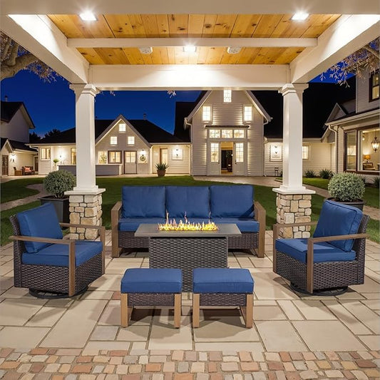 6 Piece Outdoor Patio Furniture Set with Propane Fire Pit Table, Wicker Patio Conversation Set with 2 Swivel Rocker Chairs Rattan Sofa and Removable 4" Thick Cushions for Deck Backyard
