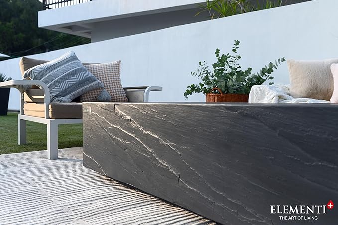 Elementi+ | Bundle Cape Town Gas Fire Pit Cast Concrete 56" Rectangular Fire Table, Outdoor Fire Pit Electronic Ignition | Canvas Cover, Fire Glass and Burner Lid Included | Dark Gray | Natural Gas
