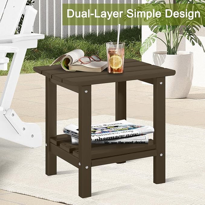 Set of 2 Adirondack Outdoor Side Table, 2-Tier Small Patio End Table, Weather Resistant HDPE Outdoor End Tables for Garden, Lawn, Pool, Beach, Porch, Deck, Backyard - Square, Dark Brown