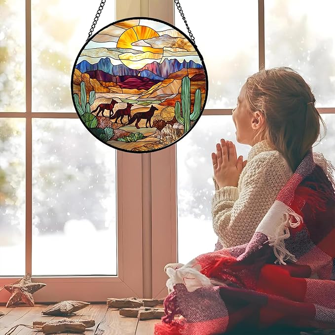 HKDGOKA Stained Glass Window Hanging Sunset Desert Landscape Wolf Large 11.8" - Suncatcher Door Garden Sunroom Sun Catcher Home Decor Birthday Christmas for Mom Men Woman Nana