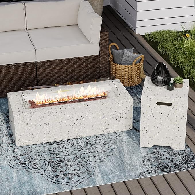 SUNBURY Outdoor 42 Inch Propane Fire Pit Table, Rectangle Fire Table w Tank Table, 40,000 BTU Spotted White Patio Gas Fire Table w Glass Wind Guard, Waterproof Cover, Lava Rocks