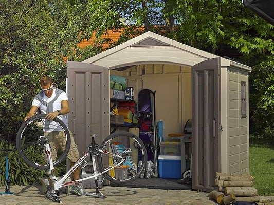 8x6 Ft All-Weather Storage Shed with Skylight,Window,Built-in Ventilation,Walls, & Lockable Double Doors for Patio Furniture Lawn Mower Tools and Bike Storage Lockable