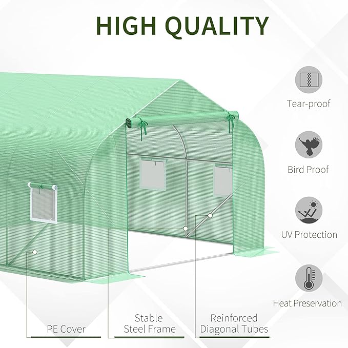 Outsunny 11.5' x 10' x 6.5' Outdoor Walk-in Greenhouse, Tunnel Green House with Roll-up Windows, Zippered Door, PE Cover, Heavy Duty Steel Frame, Green
