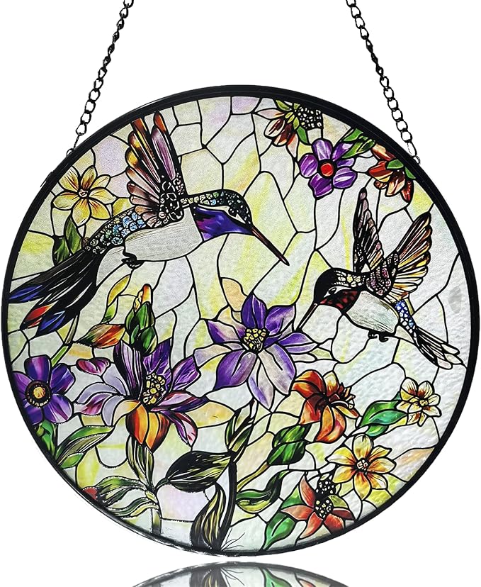 Stained Glass Sun Catcher,HummingbirdsStained Glass Window Hanging Garden Decor,Sun Catchers Indoor Window,Whimsical Decoration for Home Backyard Patio Lawn Porch with 6.3 INCH