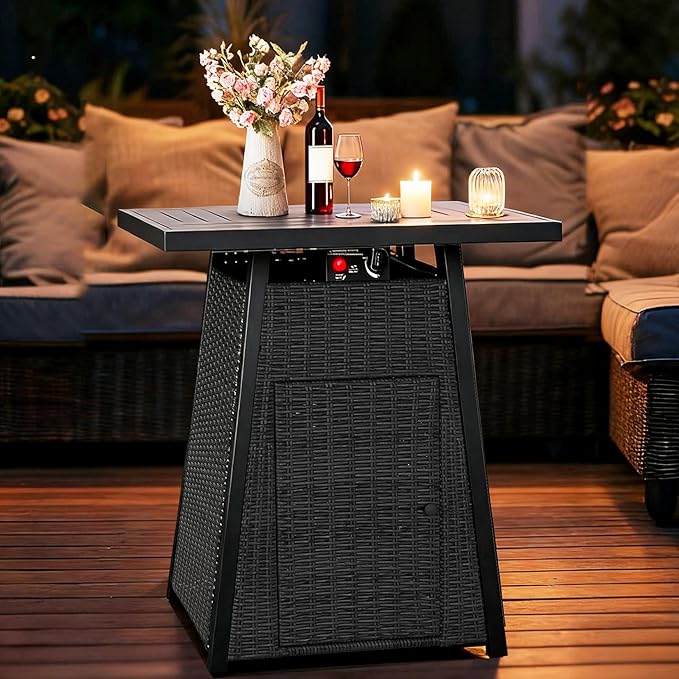 38" Outdoor Propane Fire Pit Table, 50000 BTU Gas Fire Table with Premium Metal Tabletop, Wicker Fire Pit w Rain Cover and Glass Wind Guard for Backyard,Garden,Patio