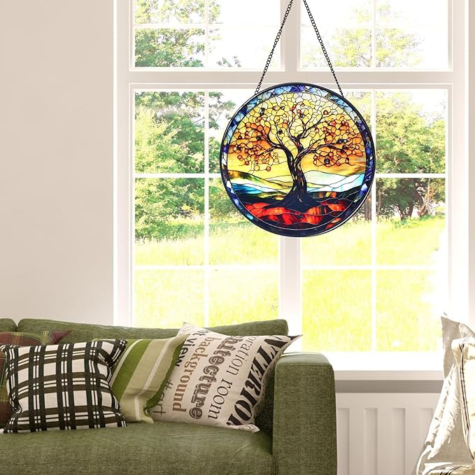 Wkyqes Tree of Life Handmade Stained Glass Window Hanging Suncatcher with Chain - 7.9" Outdoor/Indoor Art Decor for Home Garden, Wedding, Mother's, Valentine's & Christmas Ornaments Present
