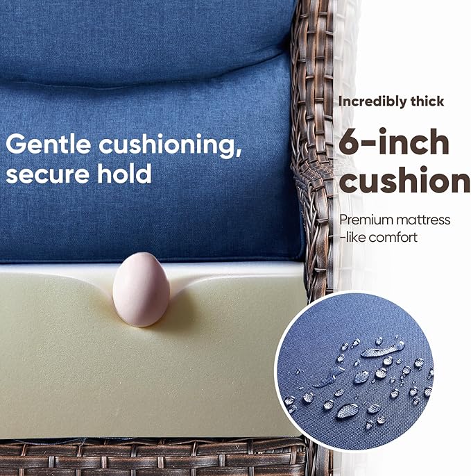 Swivel Patio Chairs sofa Set of 5 with 6" Thick Cushion - Wicker Outdoor Swivel Rocker Patio Chair with Side Table, High Back Comfortable Outdoor Glider Chairs - Brown Wicker | Blue Cushions
