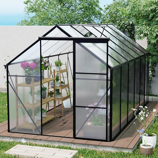 6×12 FT Black Polycarbonate Greenhouse for Outdoors with Heavy-Duty Aluminum Frame, Walk-in Green House Kit with Raised Base, Sliding Door & Adjustable Roof Vent, Large Outdoor Greenhouse