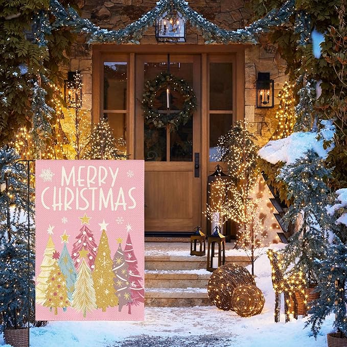 AVOIN colorlife Merry Christmas Garden Flag 12x18 Inch Double Sided Outside, Christmas Trees Winter Holiday Yard Outdoor Flag Pink
