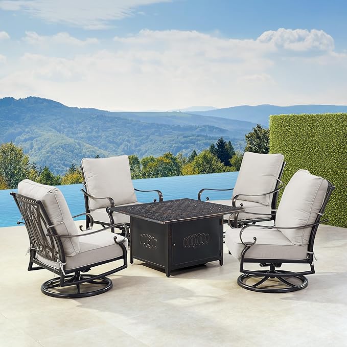 Oakland Living RICA-4CH-RONIN-LGCU-AC Black Aluminum Patio Fire Table Set with Four Club Chairs, Antique Copper