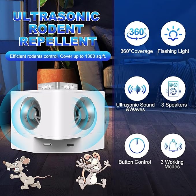 Upgraded Safe & Eco-Friendly Ultrasonic Pest Repellent Indoor, 360° Full Coverage with LED Strobe, Non-Toxic Rodent Insect Deterrent for Mice Rats Spiders Control - House Basement Garage and etc.01