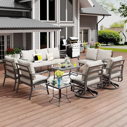 8 Piece Patio Furniture Set, 9 Seat Metal Outdoor Sectional Sofa Set with 2 Swivel Chairs, Patio Conversation Set with Thick Cushions and Coffee Table for Garden, Porch, Lawn, Beige