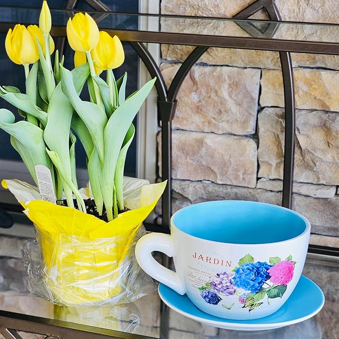 7.5” Round Ceramic Teacup Shape Planter Pot with Saucer for Succulents Orchid Herbs Cactus Indoor Houseplants Flowers for Home Garden and Event Decor – Yellow Butterfly Garden