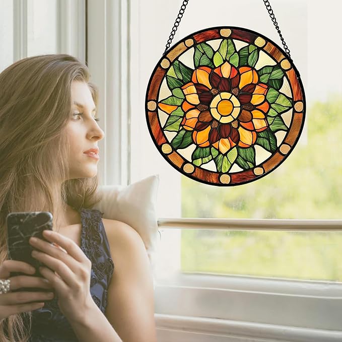 AMDERVEN Stained Glass Window Hanging - Yellow Green Boho Style Flowers Sun Catcher for Door Garden Home Decor Suncatcher Christmas Mother's Day Birthday Gifts for Women Mom Girl Nana Friend 11.8 in
