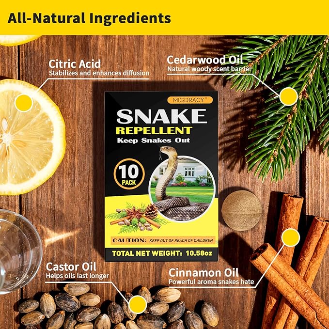 Snake Repellent Balls 10 Packs, Natural Essential Oil Formula with Peppermint, Cinnamon & Cedarwood Oils, Long-Lasting Outdoor Protection, Family & Pet Safe, Effectively Repels Multiple Snake Species