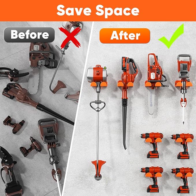 POKIPO Weedeater Hanger,4 Pack Garage Tool Organizer Storage Trimmer Rack for Open Trailer, Heavy Duty Metal Grass String Weed Wacker Eater Holder Wall Mount Loads 25lbs,Garden Hooks for Most Tools