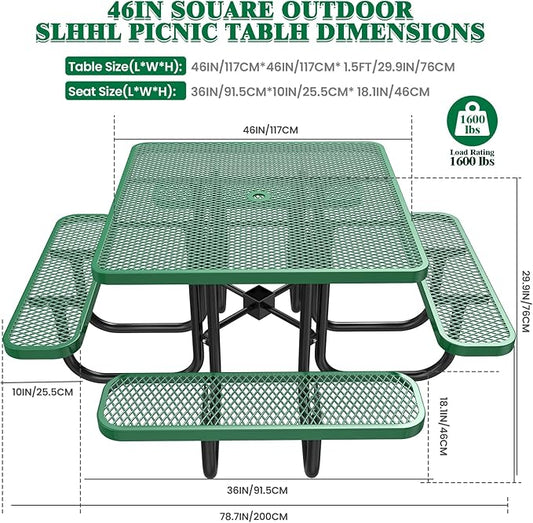 46" Square Top Outdoor Picnic Table Set for Up to 8 Persons, Outside Table Set with 4 Built-in Benches, Metal Commercial-Grade Dining Furniture with Umbrella Hole for Garden, Backyard, Porch, Green