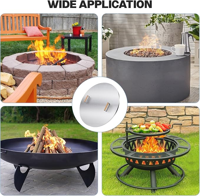 Fire Pit Lid Round - 34" Stainless Steel Rust Resistant Firepit Cover or Table with 2 Wooden Handle for Patio Fire Pit, Weatherproof for All Seasons, Fits Fire Pits Up to 32"