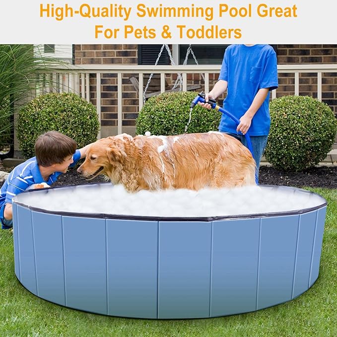 Foldable Pet Swimming Pool - Large 63" PVC Kiddie Dog Pool Bathing Tub for Dogs Cats Kids Portable Summer Outdoor Water Playmat Non-Slip Bottom Easy Drain (Blue)