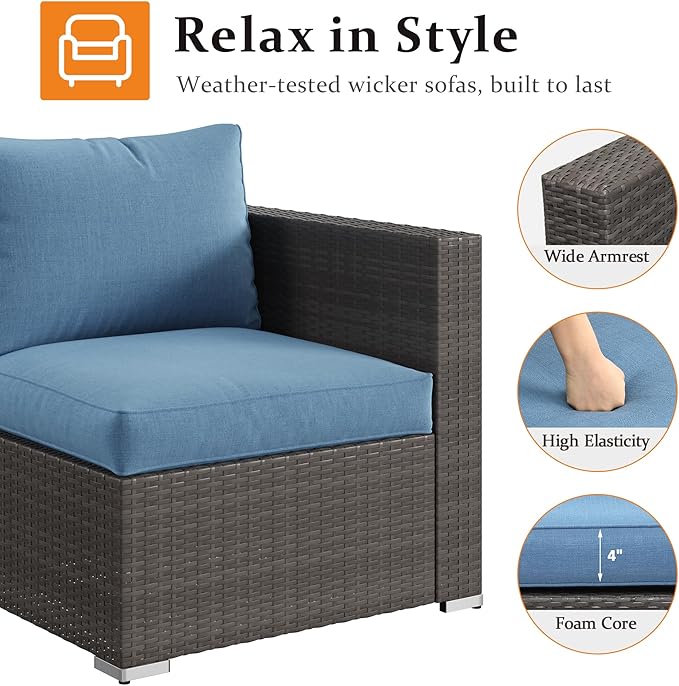 Wisteria Lane Patio Furniture Set for, 9 Pieces Wicker Outdoor Furniture Set with Washable Cushions & Fire Pit Table, Oversized Outdoor Sectional for Garden, Poolside, Backyard, Blue