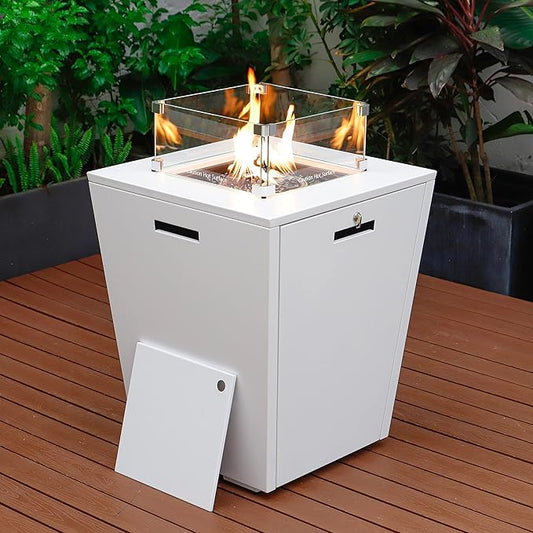 LeisureMod Chelsea 32" Modern Gas Fire Pit Table – 37,000 BTU CSA Certified Propane Steel Outdoor Table with Tempered Glass Wind Guard and Lid for Patio (White)