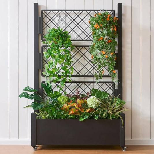 Metal Planter Box with Trellis and Wheels, 72"x46"x16" Large Outdoor Garden Planter for Climbing Plants, Vegetables & Vines, Includes Drainage Holes and Privacy Screen, Black