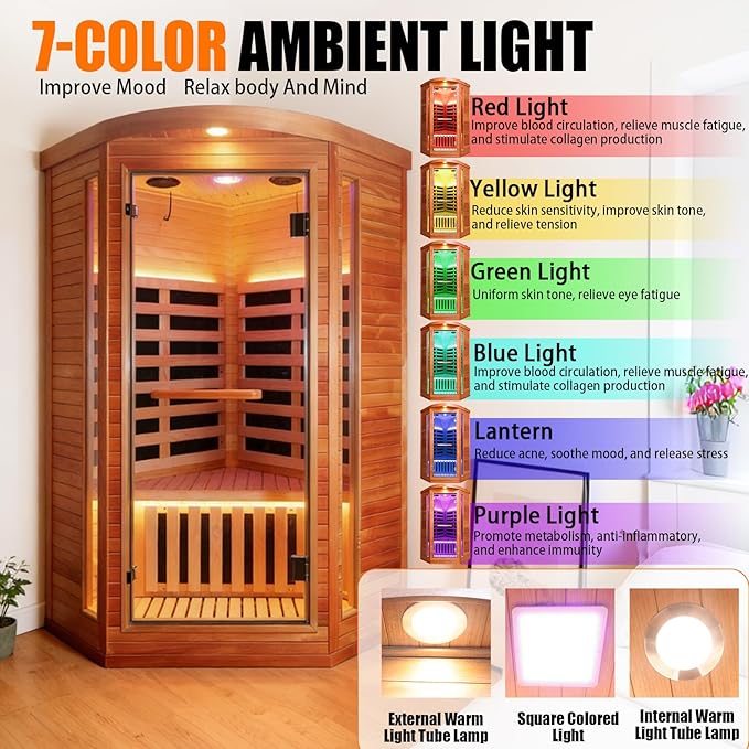 RIGO Pentagonal Single-Person Infrared Sauna Room – 1300W far-Infrared Heating, Made of Okoume Wood, Home Sauna, Equipped with Colorful LED Lighting and Bluetooth Speaker, 37.4 * 37.4 * 71 inches