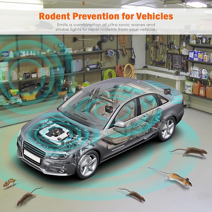 Rodent Repellent for Car, Battery Powered Under Hood Animal Repeller, Ultrasonic Rat and Mice Deterrent Device, Electronic Pest Control for RV, Truck, Garage, Vehicle Engine Protection, Pack of 2