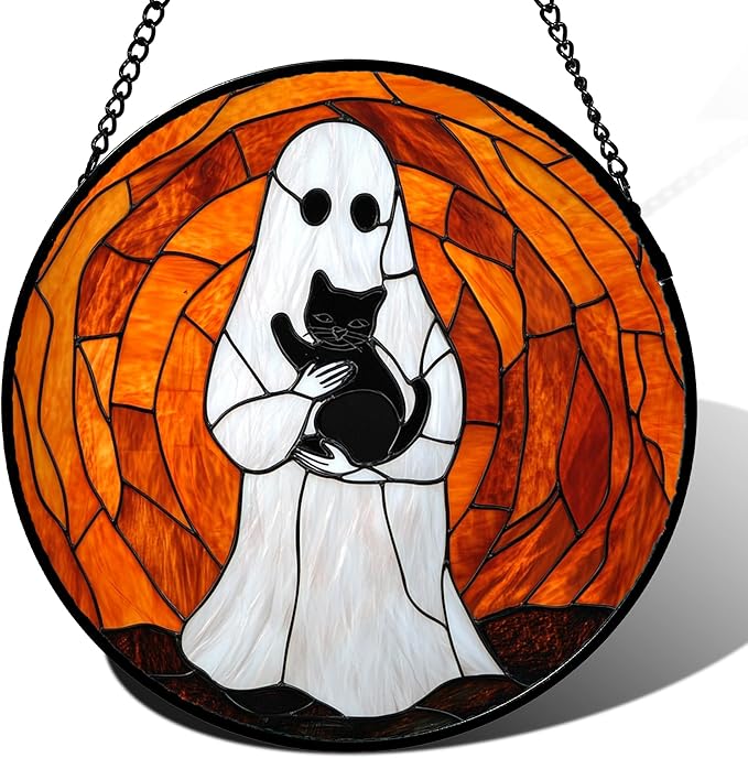CRISGIF Stained Glass Window Hanging - Halloween Cute White Ghost Black Cat Suncatcher for Doors Garden Home Spooky Orange Sun Catchers Gothic Decor Horror Gift for Women Men Friend Boy Girl 9.8 in