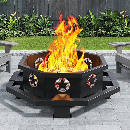 43 inch Large Fire Pit, Outdoor Fire Pit with Heavy Duty Construction, Wood Burning Fire Pits for Outside Octagonal Firepit for Camping, Backyard, Patio, Black